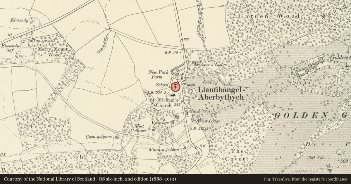 Ordnance Survey six-inch map, 2nd edition (1888–1913) covering the location of Lychgate of St Michael's Church, Llanfihangel Aberbythych, Carmarthenshire, with a pin at the register's coordinates