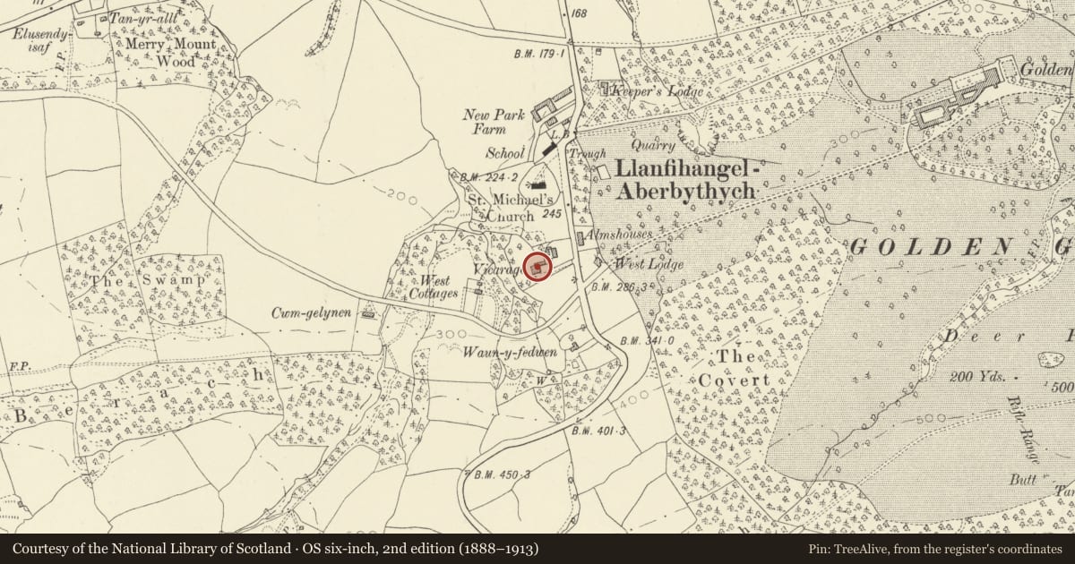 Ordnance Survey six-inch map, 2nd edition (1888–1913) covering the location of Awelaur, formerly the Vicarage, Llanfihangel Aberbythych, Carmarthenshire, with a pin at the register's coordinates
