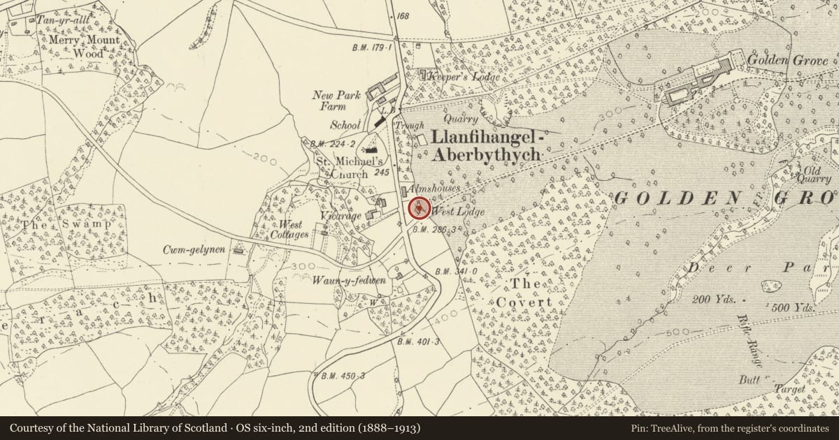 Ordnance Survey six-inch map, 2nd edition (1888–1913) covering the location of West Lodge, Llanfihangel Aberbythych, Carmarthenshire, with a pin at the register's coordinates