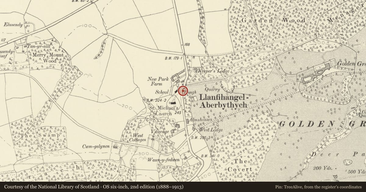 Ordnance Survey six-inch map, 2nd edition (1888–1913) covering the location of Horse Trough and Fountain, Llanfihangel Aberbythych, Carmarthenshire, with a pin at the register's coordinates