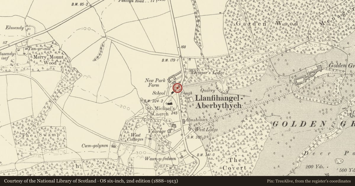 Ordnance Survey six-inch map, 2nd edition (1888–1913) covering the location of Telephone Call-box (01558 668461), Llanfihangel Aberbythych, Carmarthenshire, with a pin at the register's coordinates
