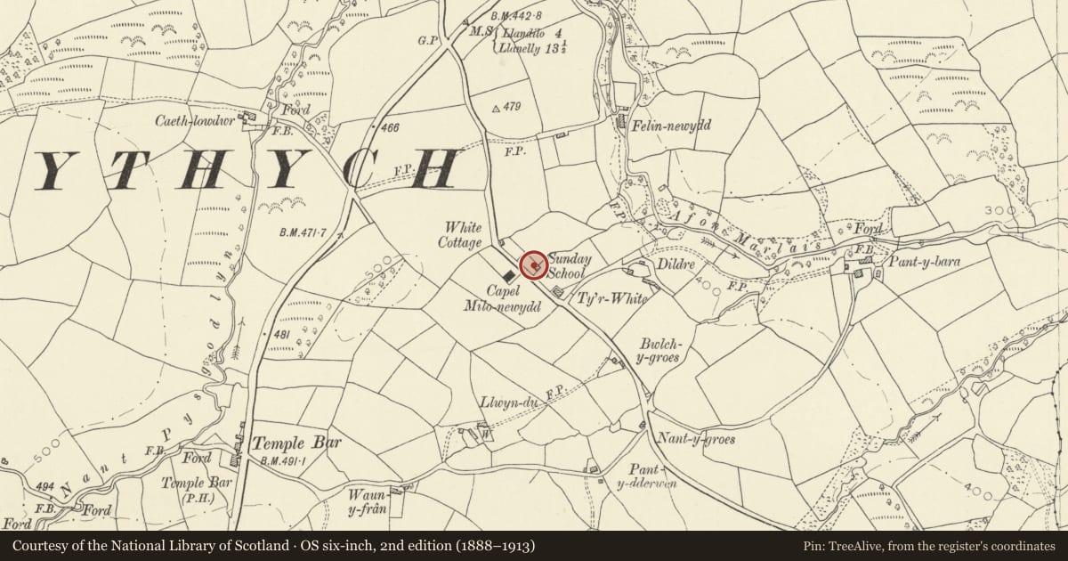 Ordnance Survey six-inch map, 2nd edition (1888–1913) covering the location of Hen Gapel Milo, Llanfihangel Aberbythych, Carmarthenshire, with a pin at the register's coordinates
