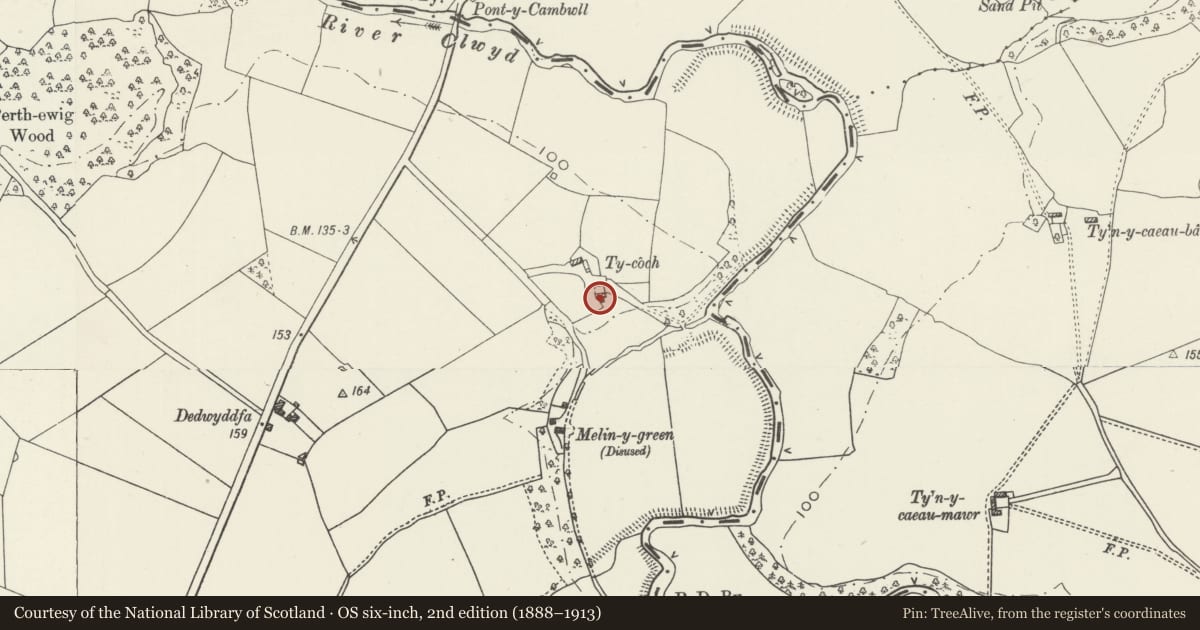 Ordnance Survey six-inch map, 2nd edition (1888–1913) covering the location of Ty Coch, Trefnant, Denbighshire, with a pin at the register's coordinates