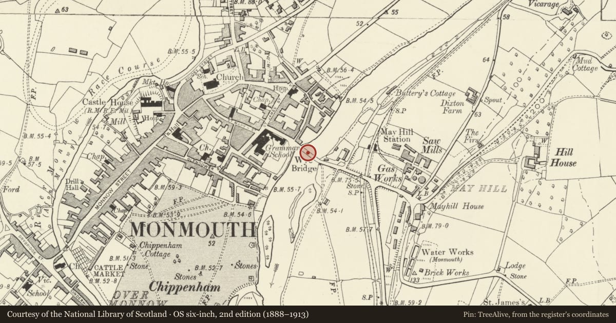 Ordnance Survey six-inch map, 2nd edition (1888–1913) covering the location of Wye Bridge, Monmouth, Monmouthshire, with a pin at the register's coordinates