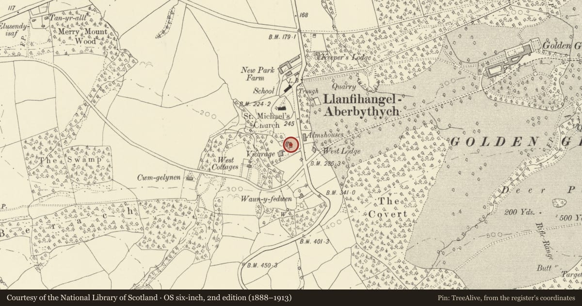 Ordnance Survey six-inch map, 2nd edition (1888–1913) covering the location of Awelaur (former Vicarage) Coach-house, Llanfihangel Aberbythych, Carmarthenshire, with a pin at the register's coordinates