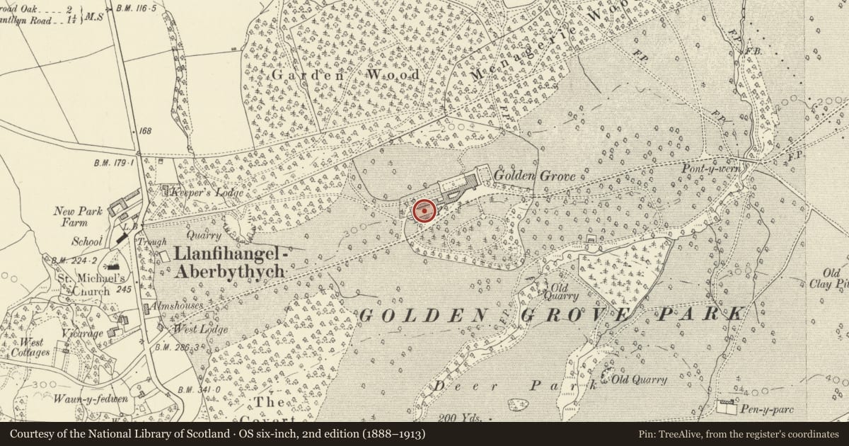 Ordnance Survey six-inch map, 2nd edition (1888–1913) covering the location of Golden Grove Stable Block, Llanfihangel Aberbythych, Carmarthenshire, with a pin at the register's coordinates
