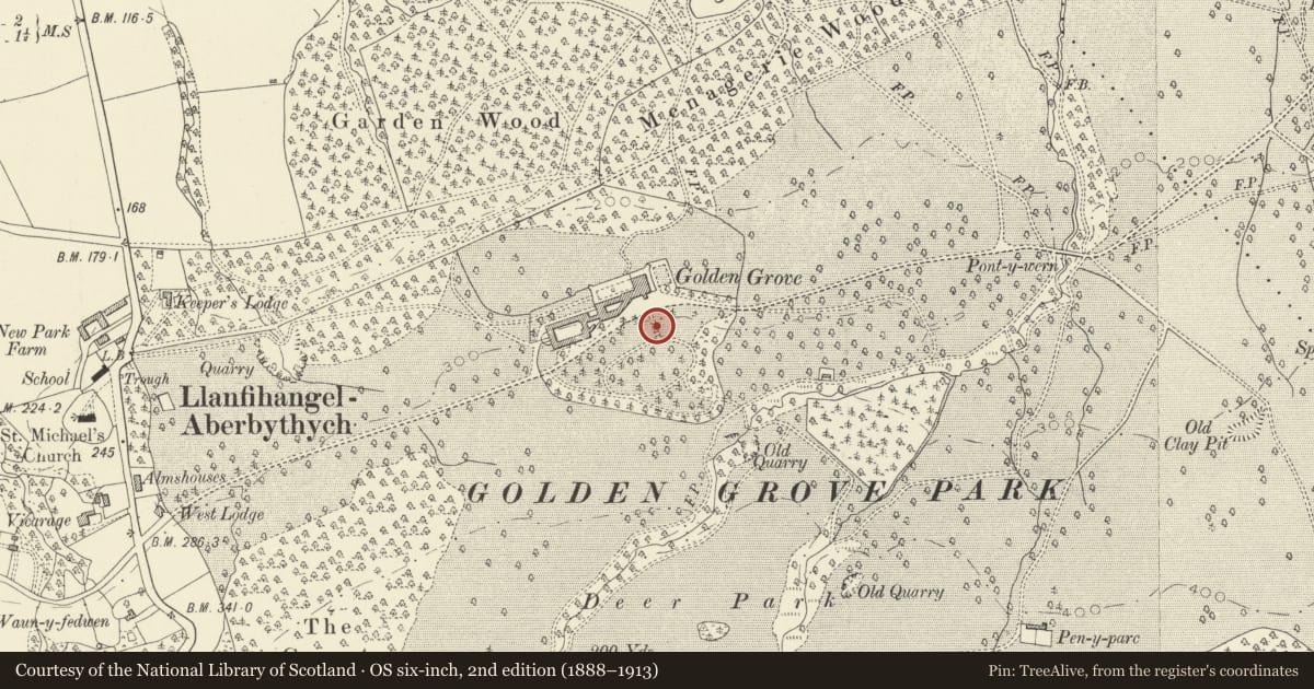 Ordnance Survey six-inch map, 2nd edition (1888–1913) covering the location of Golden Grove Garden Seat and Stairs, Llanfihangel Aberbythych, Carmarthenshire, with a pin at the register's coordinates