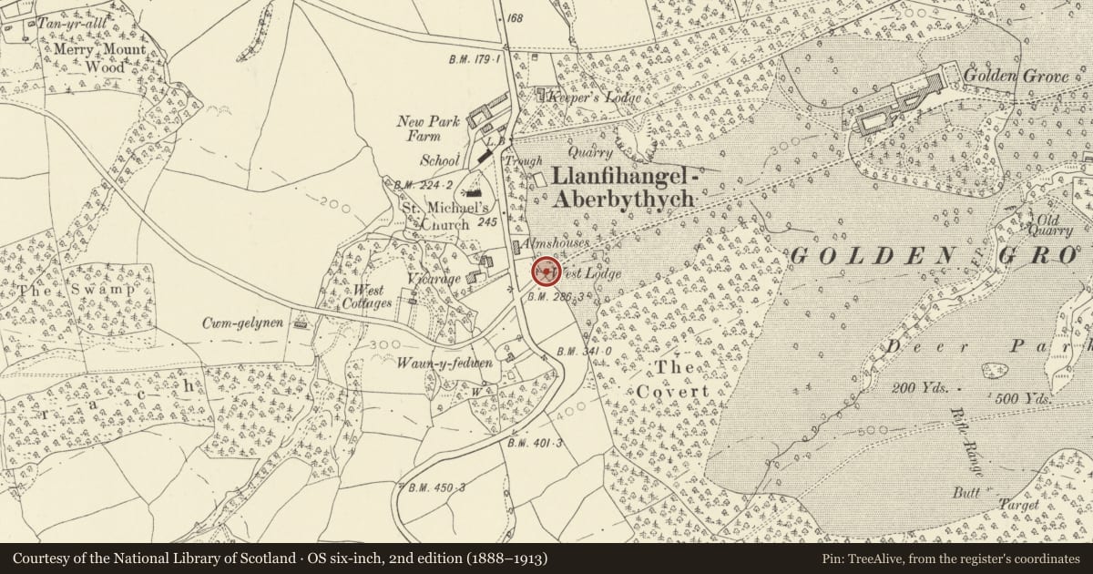 Ordnance Survey six-inch map, 2nd edition (1888–1913) covering the location of Gate Piers at West Lodge, Llanfihangel Aberbythych, Carmarthenshire, with a pin at the register's coordinates