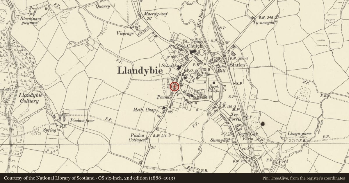 Ordnance Survey six-inch map, 2nd edition (1888–1913) covering the location of 2 High St with John's Tobacconists, Llandybie, Carmarthenshire, with a pin at the register's coordinates