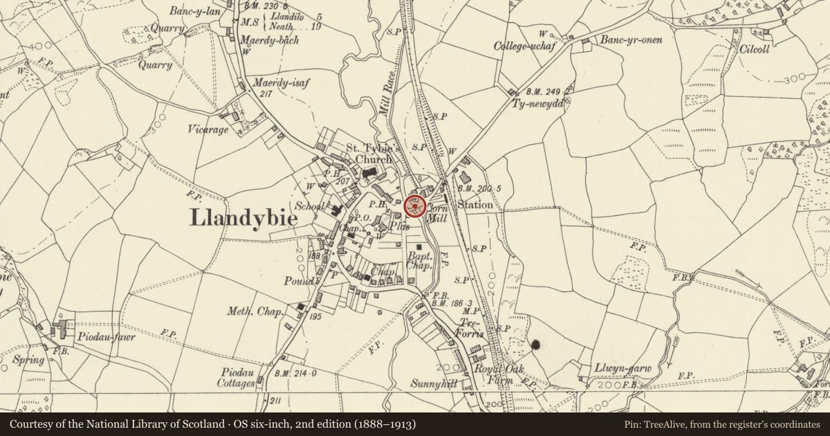 Ordnance Survey six-inch map, 2nd edition (1888–1913) covering the location of Llandybie Bridge, Carmarthenshire, with a pin at the register's coordinates