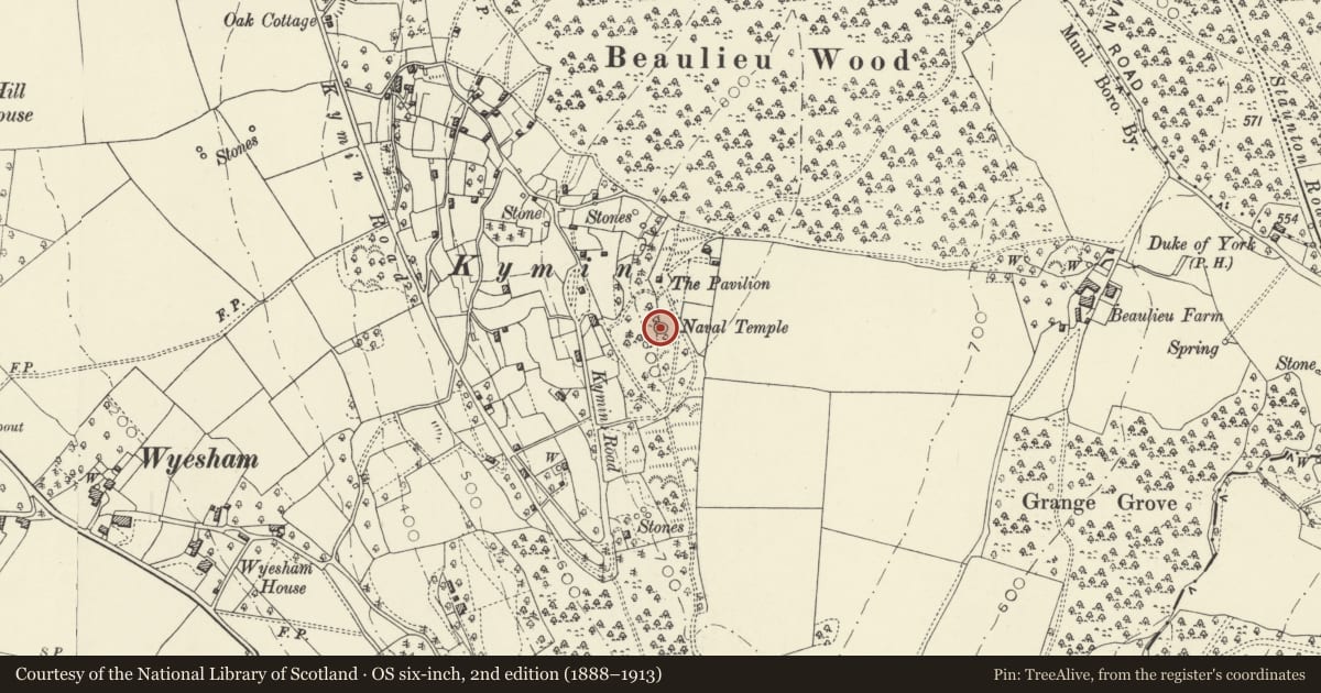 Ordnance Survey six-inch map, 2nd edition (1888–1913) covering the location of The Naval Temple with surrounding retaining wall, Monmouth, Monmouthshire, with a pin at the register's coordinates