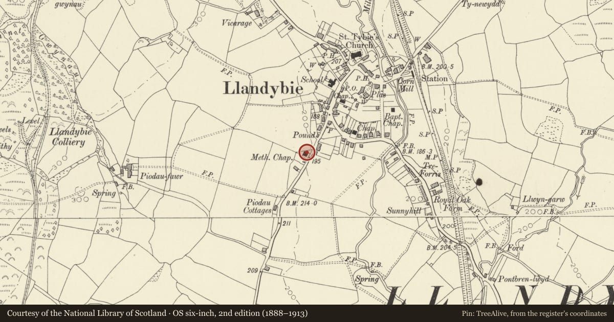 Ordnance Survey six-inch map, 2nd edition (1888–1913) covering the location of Calvinistic Methodist Chapel, Llandybie, Carmarthenshire, with a pin at the register's coordinates