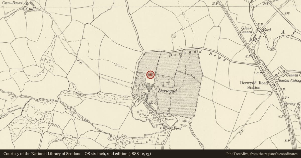 Ordnance Survey six-inch map, 2nd edition (1888–1913) covering the location of Derwydd Walled Garden and Gazebo, Llandybie, Carmarthenshire, with a pin at the register's coordinates