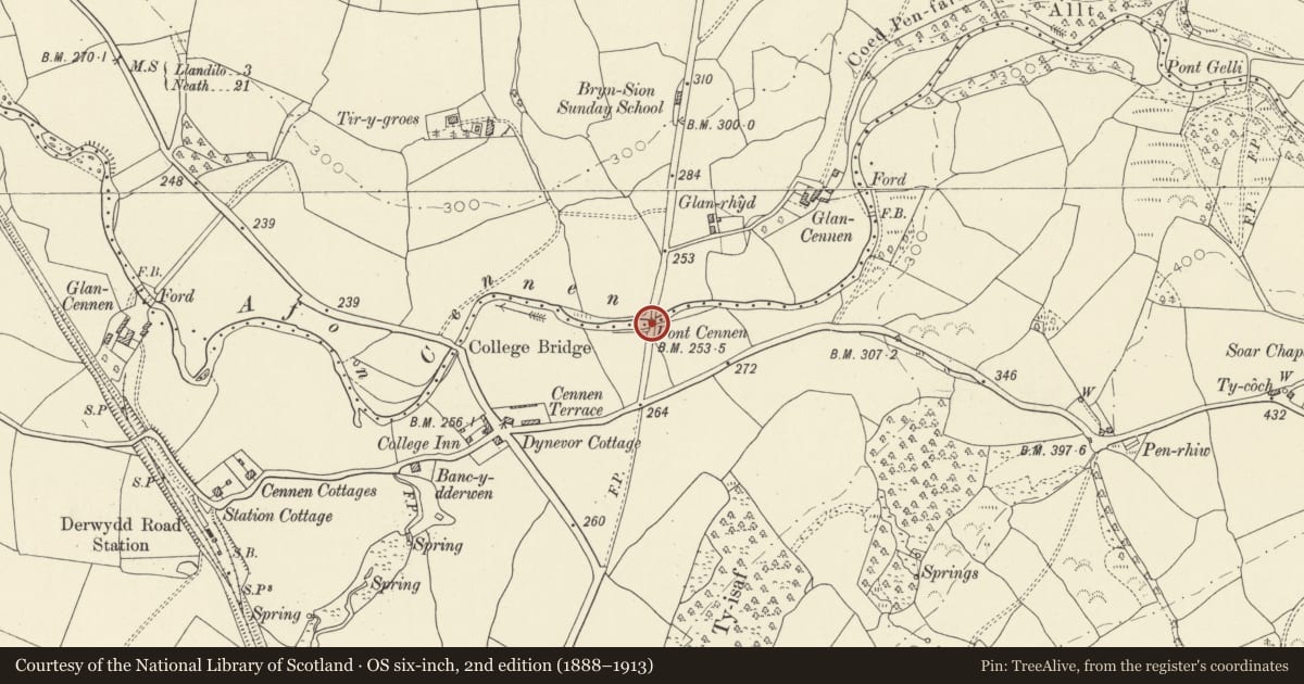 Ordnance Survey six-inch map, 2nd edition (1888–1913) covering the location of Pont Cennen (partly in Dyffryn Cennen community), Llandybie, Carmarthenshire, with a pin at the register's coordinates