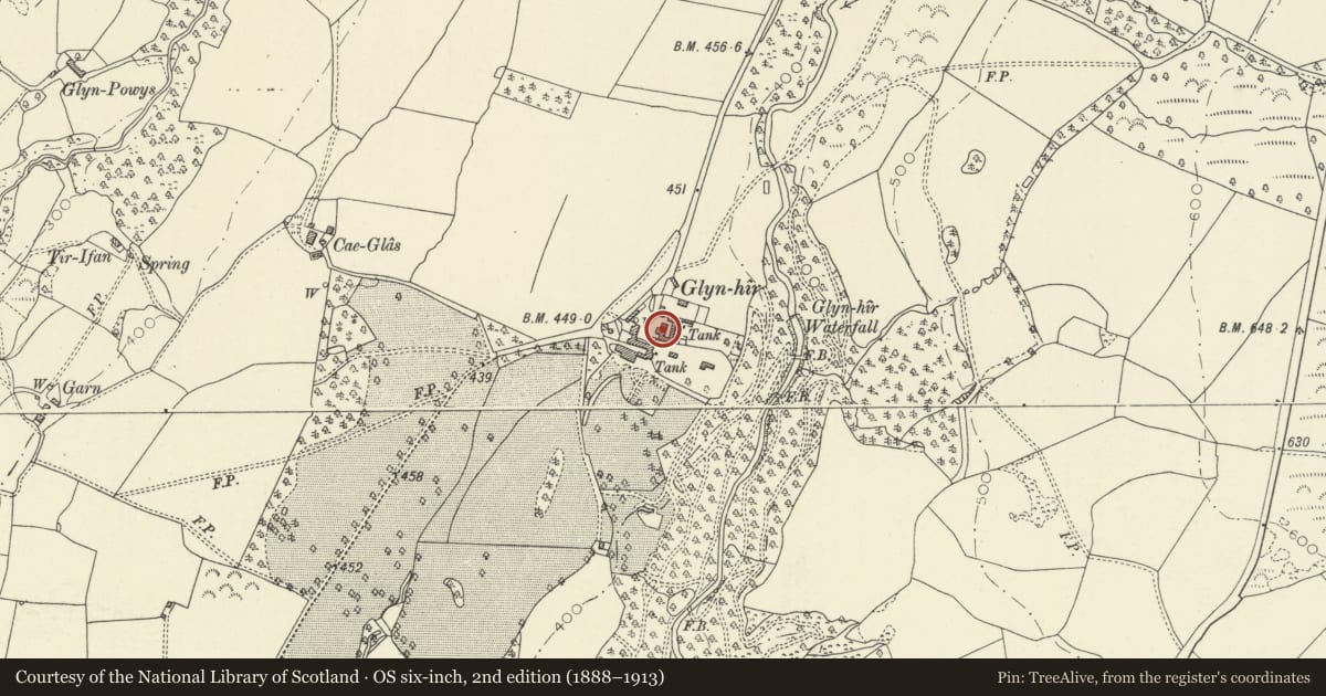 Ordnance Survey six-inch map, 2nd edition (1888–1913) covering the location of Glynhir Barn, Llandybie, Carmarthenshire, with a pin at the register's coordinates