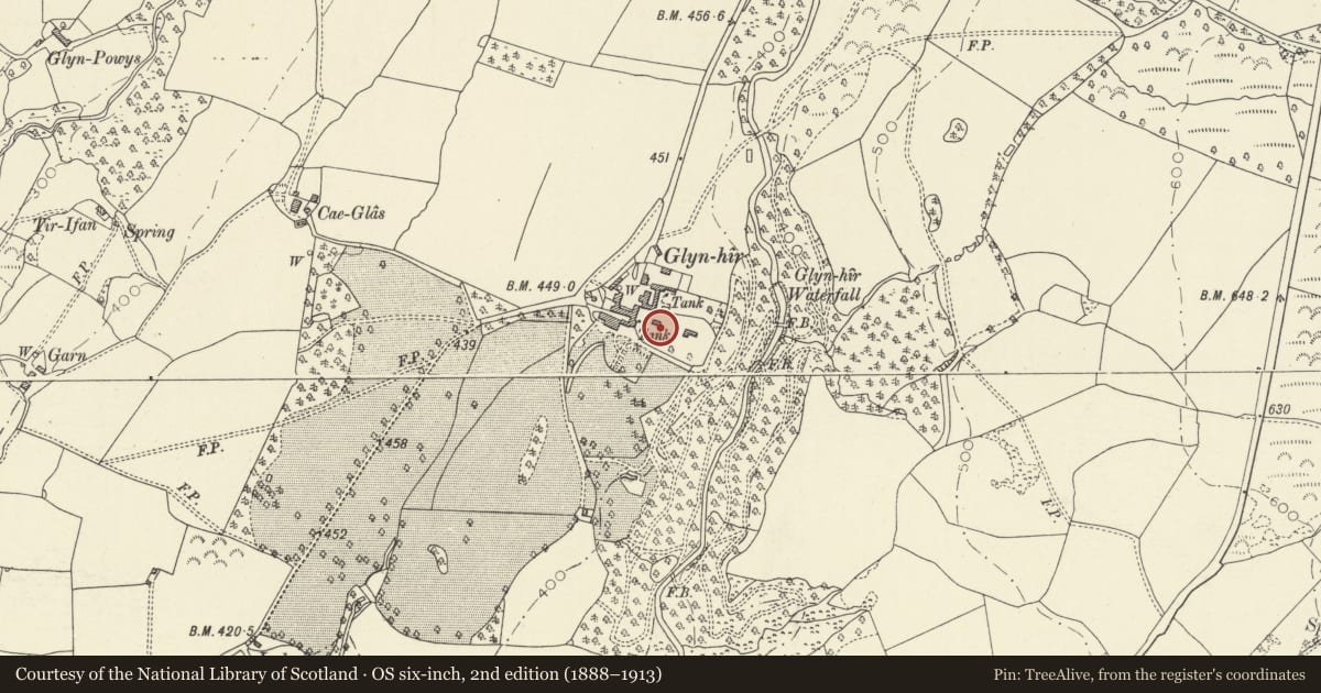Ordnance Survey six-inch map, 2nd edition (1888–1913) covering the location of Glynhir Walled Orchard, Llandybie, Carmarthenshire, with a pin at the register's coordinates