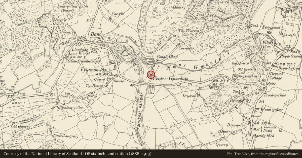 Ordnance Survey six-inch map, 2nd edition (1888–1913) covering the location of Blaennantgwinne Cottages, Llandybie, Carmarthenshire, with a pin at the register's coordinates