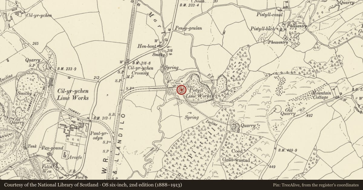 Ordnance Survey six-inch map, 2nd edition (1888–1913) covering the location of Pistyll Limekilns, Llandybie, Carmarthenshire, with a pin at the register's coordinates