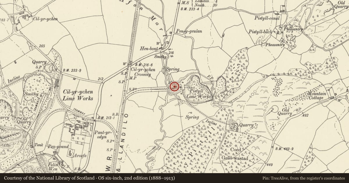 Ordnance Survey six-inch map, 2nd edition (1888–1913) covering the location of Pistyll Limeworks chimney, Llandybie, Carmarthenshire, with a pin at the register's coordinates
