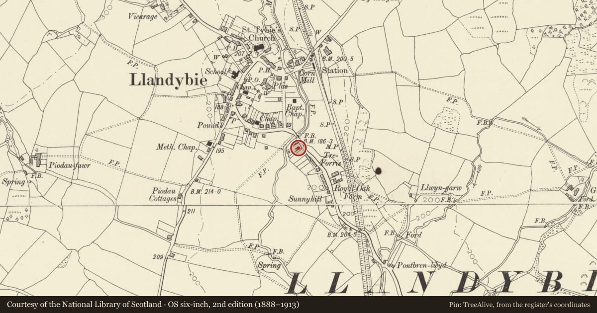 Ordnance Survey six-inch map, 2nd edition (1888–1913) covering the location of American Villa, Llandybie, Carmarthenshire, with a pin at the register's coordinates