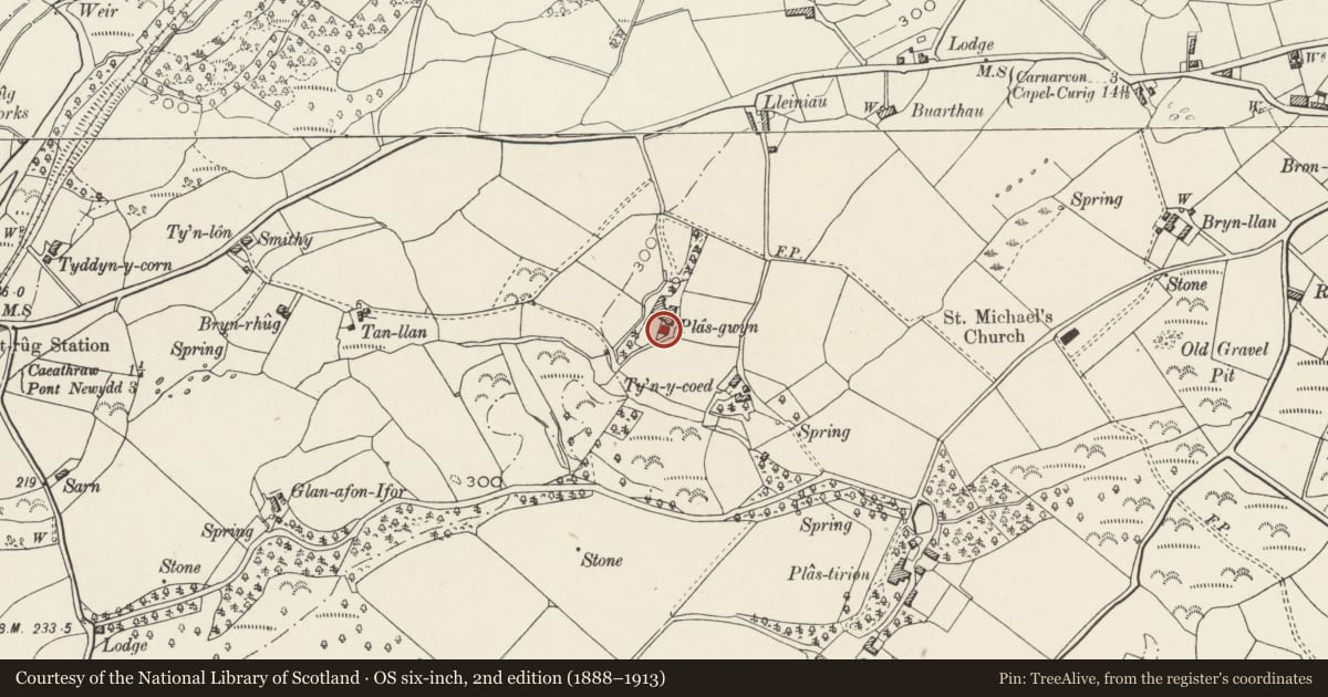 Ordnance Survey six-inch map, 2nd edition (1888–1913) covering the location of Hafod Gethin (Plas Gwyn), Llanrug, Gwynedd, with a pin at the register's coordinates