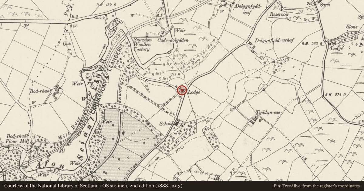 Ordnance Survey six-inch map, 2nd edition (1888–1913) covering the location of Plas Bach, Llanrug, Gwynedd, with a pin at the register's coordinates