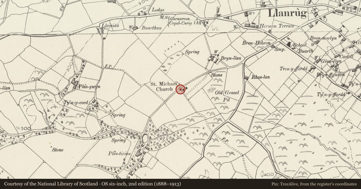 Ordnance Survey six-inch map, 2nd edition (1888–1913) covering the location of Lych-gate at Church of St Michael, Llanrug, Gwynedd, with a pin at the register's coordinates