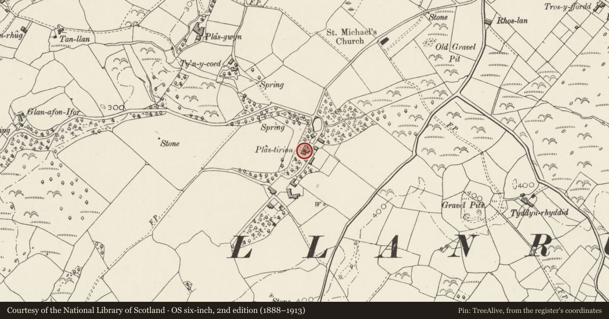 Ordnance Survey six-inch map, 2nd edition (1888–1913) covering the location of Plas Tirion, Llanrug, Gwynedd, with a pin at the register's coordinates