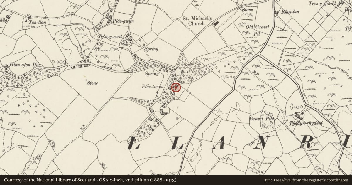 Ordnance Survey six-inch map, 2nd edition (1888–1913) covering the location of Walled garden at Plas Tirion, Llanrug, Gwynedd, with a pin at the register's coordinates