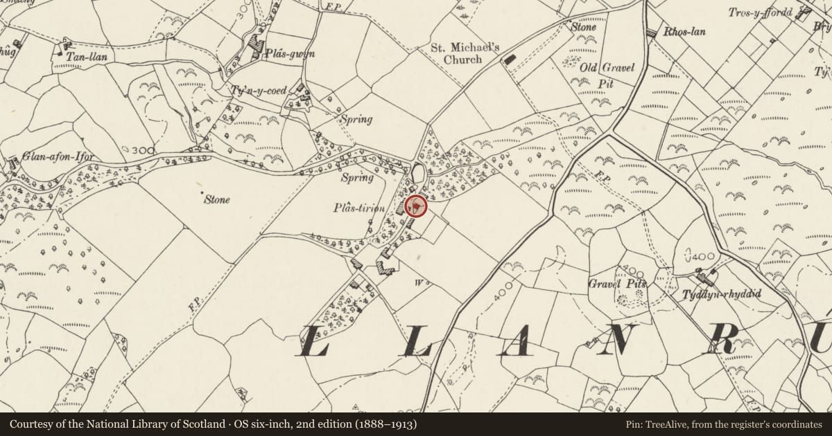 Ordnance Survey six-inch map, 2nd edition (1888–1913) covering the location of Stables/coach house at Plas Tirion, Llanrug, Gwynedd, with a pin at the register's coordinates