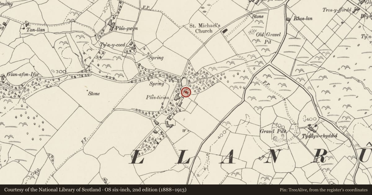 Ordnance Survey six-inch map, 2nd edition (1888–1913) covering the location of Stables at Plas Tirion, Llanrug, Gwynedd, with a pin at the register's coordinates