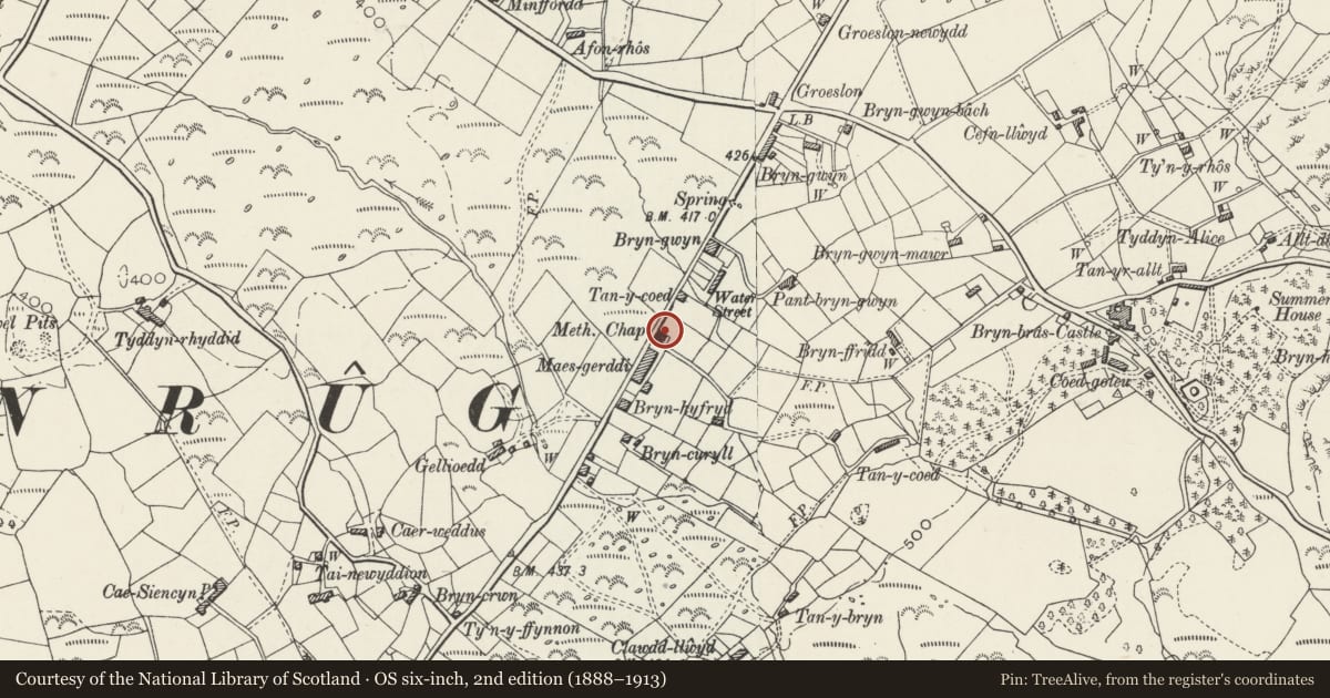 Ordnance Survey six-inch map, 2nd edition (1888–1913) covering the location of Capel Tan-y-coed, Llanrug, Gwynedd, with a pin at the register's coordinates