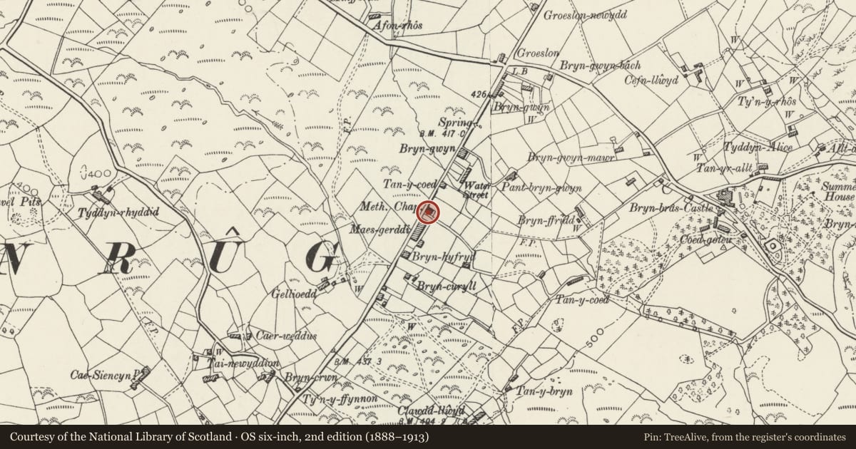 Ordnance Survey six-inch map, 2nd edition (1888–1913) covering the location of Sunday School/Vestry at Capel Tan-y-coed, Llanrug, Gwynedd, with a pin at the register's coordinates