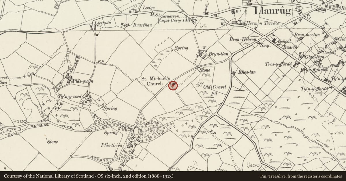 Ordnance Survey six-inch map, 2nd edition (1888–1913) covering the location of Churchyard wall, railings and memorial enclosure at Church of St Michael, Llanrug, Gwynedd, with a pin at the register's coordinates