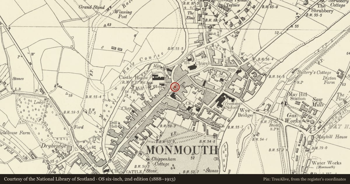 Ordnance Survey six-inch map, 2nd edition (1888–1913) covering the location of The Punch House PH, Monmouth, Monmouthshire, with a pin at the register's coordinates