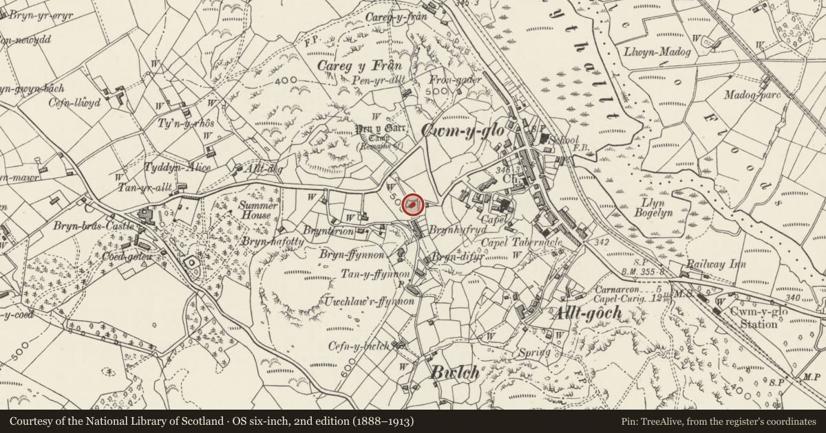 Ordnance Survey six-inch map, 2nd edition (1888–1913) covering the location of Pen Rallt, Llanrug, Gwynedd, with a pin at the register's coordinates