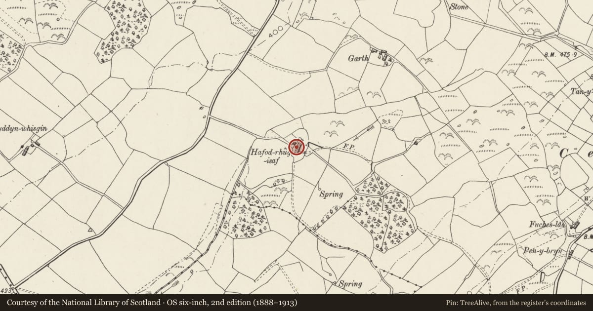 Ordnance Survey six-inch map, 2nd edition (1888–1913) covering the location of Hafod-rhug-isaf, Llanrug, Gwynedd, with a pin at the register's coordinates