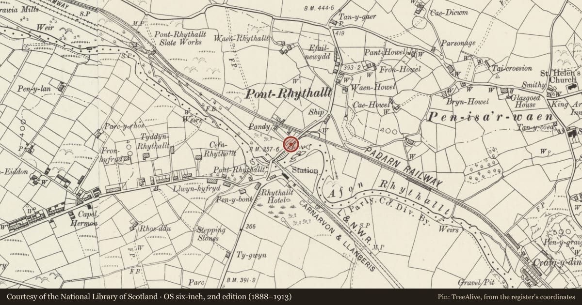 Ordnance Survey six-inch map, 2nd edition (1888–1913) covering the location of Pont-Rhythallt, Llanrug, Gwynedd, with a pin at the register's coordinates