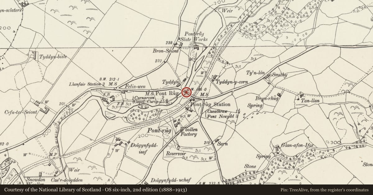Ordnance Survey six-inch map, 2nd edition (1888–1913) covering the location of Pont-rug, Llanrug, Gwynedd, with a pin at the register's coordinates