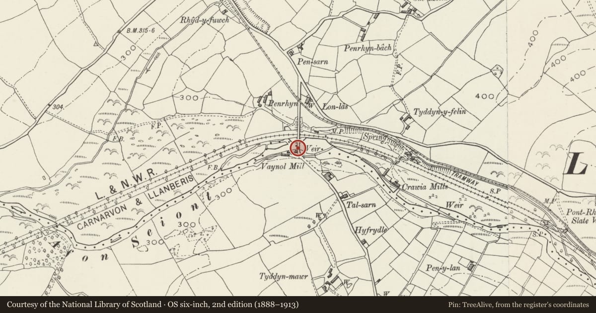 Ordnance Survey six-inch map, 2nd edition (1888–1913) covering the location of Bridge over Afon Seiont (partly in Llanddeiniolen Community), Llanrug, Gwynedd, with a pin at the register's coordinates