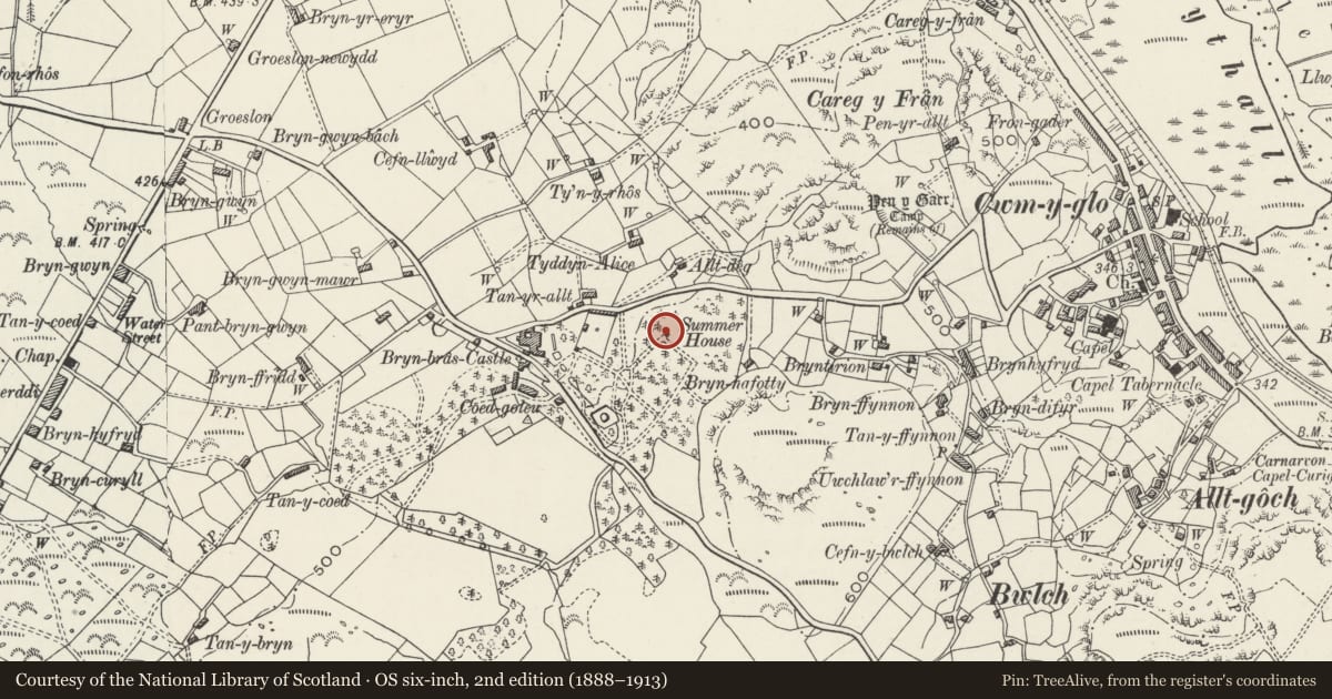 Ordnance Survey six-inch map, 2nd edition (1888–1913) covering the location of Observatory at Bryn Bras Castle, Llanrug, Gwynedd, with a pin at the register's coordinates