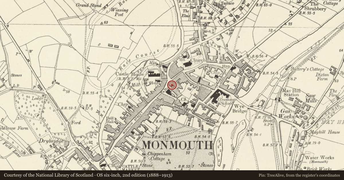 Ordnance Survey six-inch map, 2nd edition (1888–1913) covering the location of The Punch House PH, Monmouth, Monmouthshire, with a pin at the register's coordinates