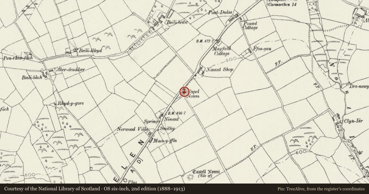 Ordnance Survey six-inch map, 2nd edition (1888–1913) covering the location of Capel Noni, Llanllwni, Carmarthenshire, with a pin at the register's coordinates