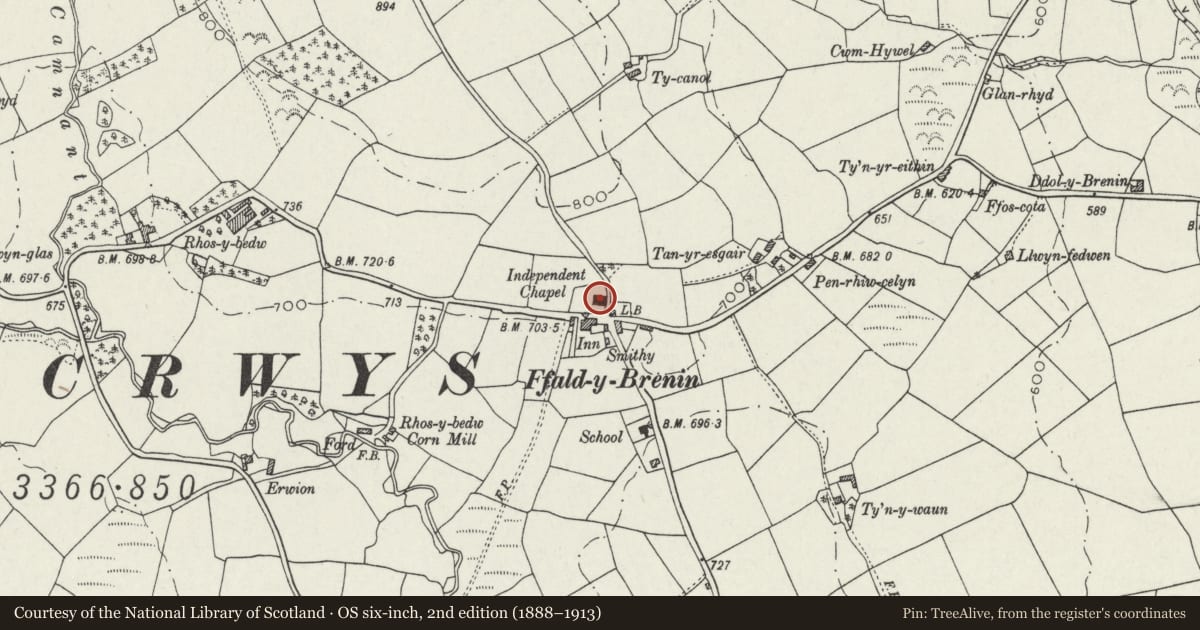 Ordnance Survey six-inch map, 2nd edition (1888–1913) covering the location of Ffaldybrenin Independent Chapel including attached building to right, Llanycrwys, Carmarthenshire, with a pin at the register's coordinates