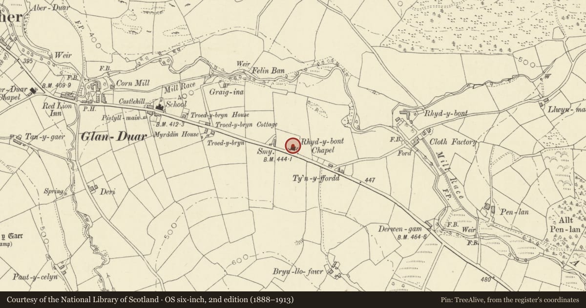 Ordnance Survey six-inch map, 2nd edition (1888–1913) covering the location of Capel Rhydybont, Llanybydder, Carmarthenshire, with a pin at the register's coordinates