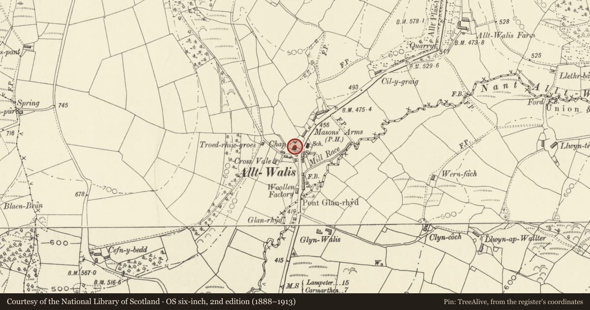 Ordnance Survey six-inch map, 2nd edition (1888–1913) covering the location of Alltwalis Independent Chapel, including vestry to rear, Llanfihangel-ar-Arth, Carmarthenshire, with a pin at the register's coordinates
