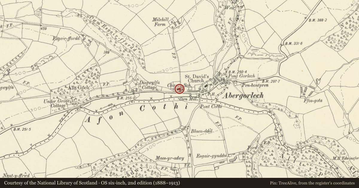 Ordnance Survey six-inch map, 2nd edition (1888–1913) covering the location of Capel Newydd, Llanfihangel Rhos-y-Corn, Carmarthenshire, with a pin at the register's coordinates