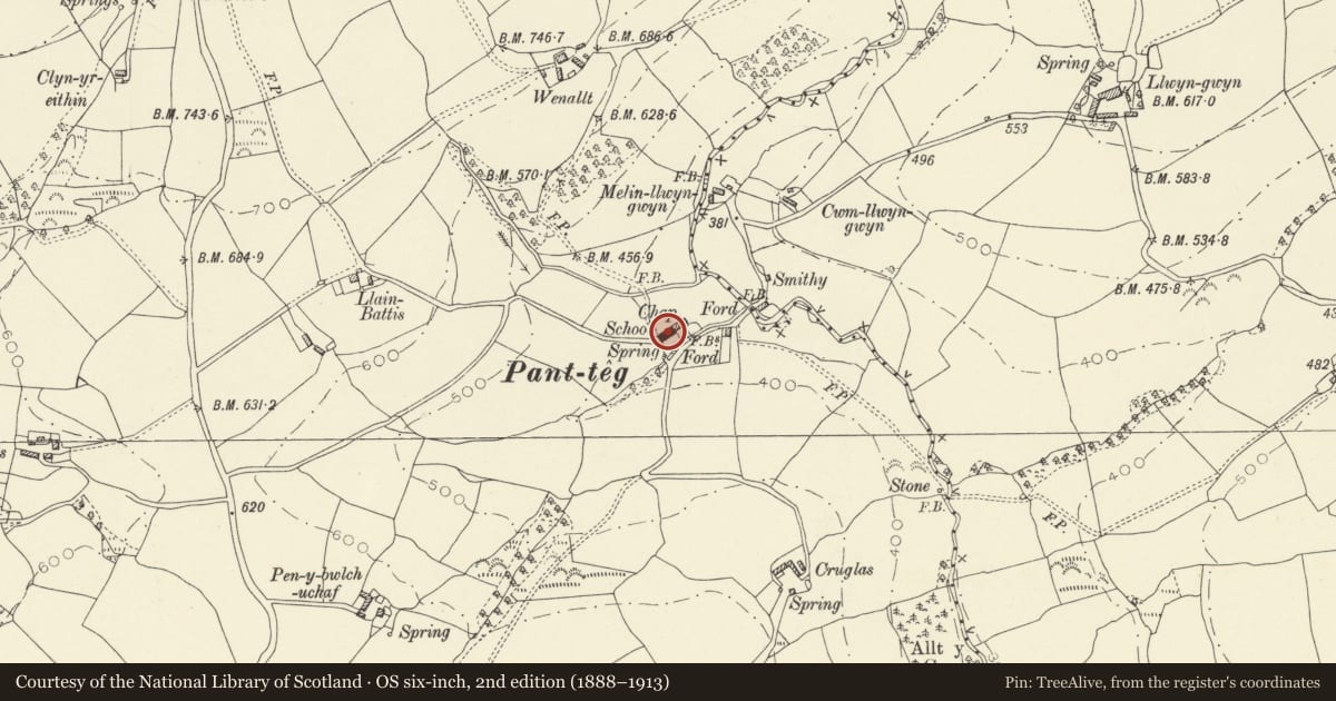 Ordnance Survey six-inch map, 2nd edition (1888–1913) covering the location of Capel Panteg and attached vestry to left, Abergwili, Carmarthenshire, with a pin at the register's coordinates