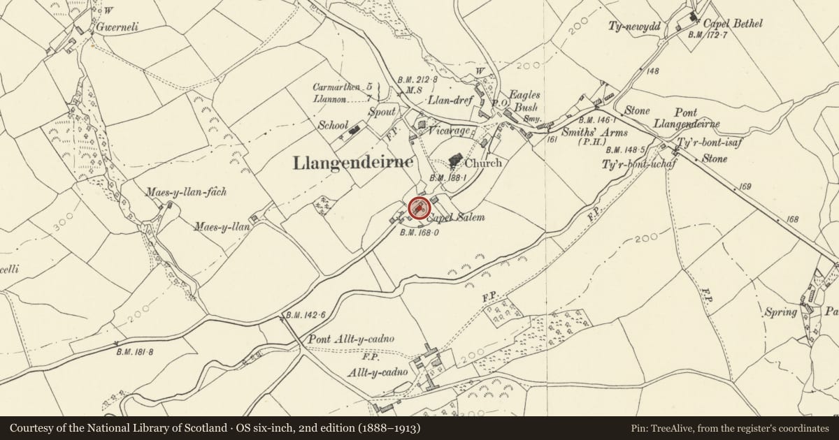 Ordnance Survey six-inch map, 2nd edition (1888–1913) covering the location of Capel Salem including forecourt railings, Llangyndeyrn, Carmarthenshire, with a pin at the register's coordinates