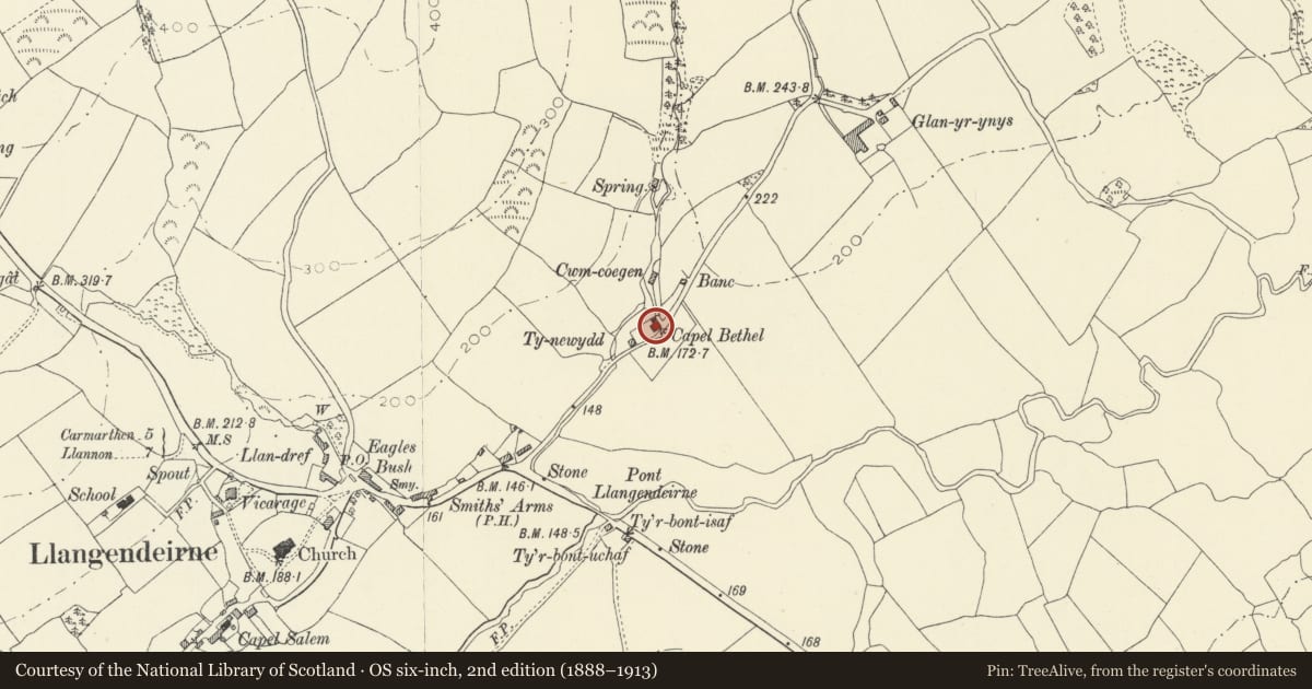 Ordnance Survey six-inch map, 2nd edition (1888–1913) covering the location of Bethel Baptist Chapel and attached vestry, Llangyndeyrn, Carmarthenshire, with a pin at the register's coordinates